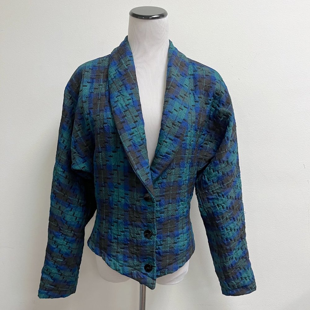 Lancelotti tartan black blue plaid shawl blazer jacket i40 80s Vintage